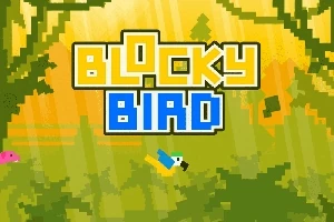 Pixelová grafika s textem Blocky Bird na žlutém pozadí s pixelovaným ptákem a zelenou vegetací