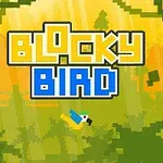 Pixelová grafika s textem Blocky Bird na žlutém pozadí s pixelovaným ptákem a zelenou vegetací