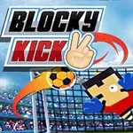 Grafický obrázek s nápisem Blocky Kick, ukazující kresleného brankáře skákajícího k míči před fotbalovou brankou na stadionu