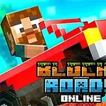 Postava v pixelovém stylu řídící červené auto s modrým nápisem Blocky Roads Online na pozadí