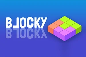 Bílý nápis BLOCKY vedle barevného 3D bloku složeného z barevných kostek na modrém pozadí