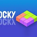 Bílý nápis BLOCKY vedle barevného 3D bloku složeného z barevných kostek na modrém pozadí