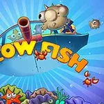 Veselý obrázek s rybičkami, kraby a podmořským světem s nápisem Blow Fish