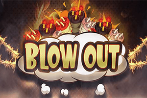 Nápis Blow Out v oblaku s plameny a hořícími bombami v pozadí