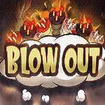Nápis Blow Out v oblaku s plameny a hořícími bombami v pozadí