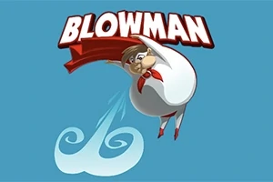 Karikatura muže v bílé kombinéze a červeném plášti letícího s výrazem na obličeji, s nápisem BLOWMAN nahoře a modrým vírem pod ním
