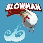 Karikatura muže v bílé kombinéze a červeném plášti letícího s výrazem na obličeji, s nápisem BLOWMAN nahoře a modrým vírem pod ním