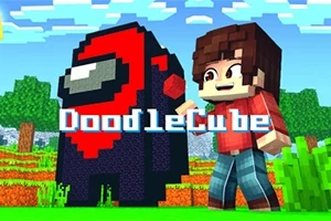 Kubická postava s úsměvem stojící vedle pixelové sochy připomínající kosmonauta na barevné blokové krajině s nápisem DoodleCube