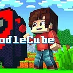 Kubická postava s úsměvem stojící vedle pixelové sochy připomínající kosmonauta na barevné blokové krajině s nápisem DoodleCube