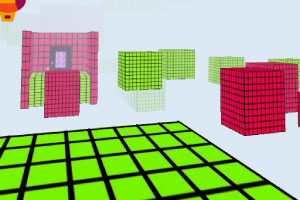 Barevné 3D krychle a čtvercové vzory v prostoru s převážně zelenou a červenou mřížkou