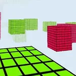 Barevné 3D krychle a čtvercové vzory v prostoru s převážně zelenou a červenou mřížkou