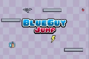 Modro-bílý nápis BlueGuy Jump na fialovém kostkovaném pozadí s plošinami, bleskem, létajícím tvorem a jablkem