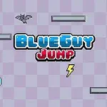 Modro-bílý nápis BlueGuy Jump na fialovém kostkovaném pozadí s plošinami, bleskem, létajícím tvorem a jablkem
