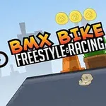 Animovaná postavička na BMX kole skáče přes rampu na pozadí s městským panorámatem
