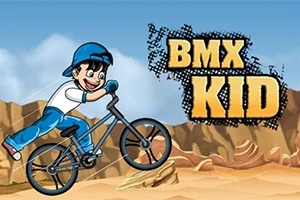 Chlapec na BMX kole jede přes skalnatou poušť, vedle textu BMX Kid