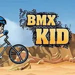 Chlapec na BMX kole jede přes skalnatou poušť, vedle textu BMX Kid