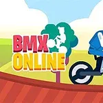 Muž v modrém oblečení jede na kole po červené rampě na pozadí zelené krajiny s nápisem BMX Online