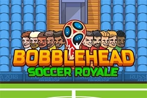 Karikatury fotbalistů s velkými hlavami na pozadí stadionu s textem „Bobblehead Soccer Royale“
