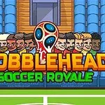 Karikatury fotbalistů s velkými hlavami na pozadí stadionu s textem „Bobblehead Soccer Royale“