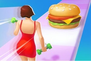 Žena v červených šatech běžící s činkami směrem k hamburgeru na barevné dráze