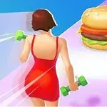 Žena v červených šatech běžící s činkami směrem k hamburgeru na barevné dráze