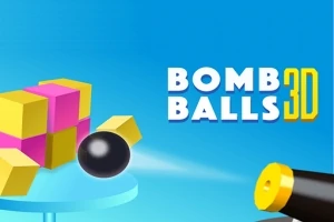 Kanon střílí černou kouli směrem k barevným krychlovým blokům na modrém pozadí s textem BOMB BALLS 3D