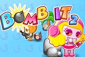 Barevný obrázek s nápisem „BOMB IT 2“ na modrém pozadí s postavami vybavenými zbraněmi a palmou v pozadí