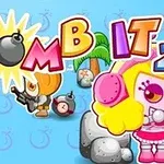 Barevný obrázek s nápisem „BOMB IT 2“ na modrém pozadí s postavami vybavenými zbraněmi a palmou v pozadí