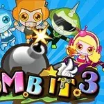 Pět animovaných robotů v různobarevných oblecích kolem bomby s nápisem Bomb It 3 na modrém pozadí s paprsky