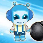 Modrý kreslený robot s velkýma očima vedle černé bomby na modrém pozadí s číslem osm