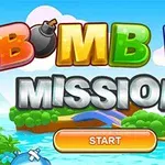 Barevný nápis BOMB IT s ikonou bomby, stříbrný nápis MISSION na pozadí krajiny s mořem, mraky a tlačítkem START