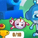 Modrý robot s mírně vystouplýma očima stojí vedle postavy s obvazovanou hlavou na zelené ploše, v rohu zlatý pohár s ukazatelem 0/10