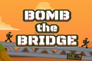 Velký nápis BOMB the BRIDGE nad postavami vojáků na mostě před oranžovým pozadím