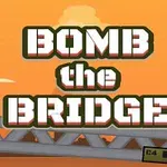 Velký nápis BOMB the BRIDGE nad postavami vojáků na mostě před oranžovým pozadím