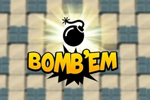 Nápis Bomb Em s obrázkem bomby na světlém pozadí s čtvercovými vzory