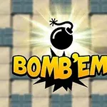 Nápis Bomb Em s obrázkem bomby na světlém pozadí s čtvercovými vzory