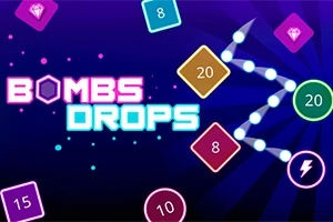 Barevné geometrické tvary s čísly a nápisem Bombs Drops na fialovém pozadí