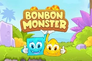 Modré a žluté kreslené postavičky se usmívají s nápisem Bonbon Monster na dřevěném pozadí v barevné, pohádkové krajině