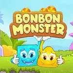 Modré a žluté kreslené postavičky se usmívají s nápisem Bonbon Monster na dřevěném pozadí v barevné, pohádkové krajině
