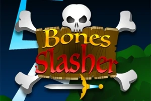 Lebka a zkřížené kosti s dřevěnou tabulkou nesoucí nápis Bones Slasher a meč v popředí