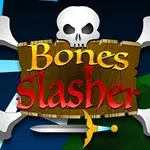 Lebka a zkřížené kosti s dřevěnou tabulkou nesoucí nápis Bones Slasher a meč v popředí