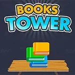 Nápis Books Tower nad stohovanými barevnými knihami na dřevěném stole s tmavým pozadím