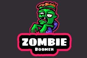 Kreslený zelený zombie s oranžovými vlasy v červeném rámečku nad nápisem Zombie Boomer