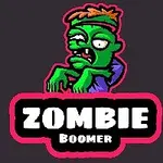 Kreslený zelený zombie s oranžovými vlasy v červeném rámečku nad nápisem Zombie Boomer