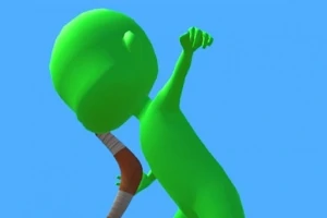 Zelená postava drží bumerang na modrém pozadí