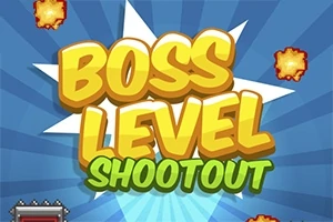 Barevný nápis Boss Level Shootout na modrém pozadí s hvězdicovými efekty a ohnivými explozemi v rozích