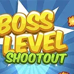 Barevný nápis Boss Level Shootout na modrém pozadí s hvězdicovými efekty a ohnivými explozemi v rozích