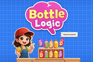 Kreslená dívka v červené kšiltovce ukazuje na barevné lahvičky na poličkách pod nápisem „Bottle Logic na modrém mřížkovaném pozadí