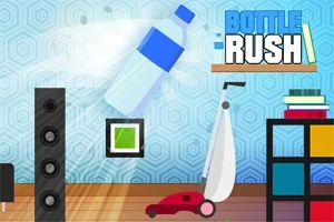 Plastová lahev letící místností nad domácími předměty, včetně reproduktoru a vysavače, s nápisem Bottle Rush v pravém horním rohu