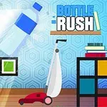 Plastová lahev letící místností nad domácími předměty, včetně reproduktoru a vysavače, s nápisem Bottle Rush v pravém horním rohu
